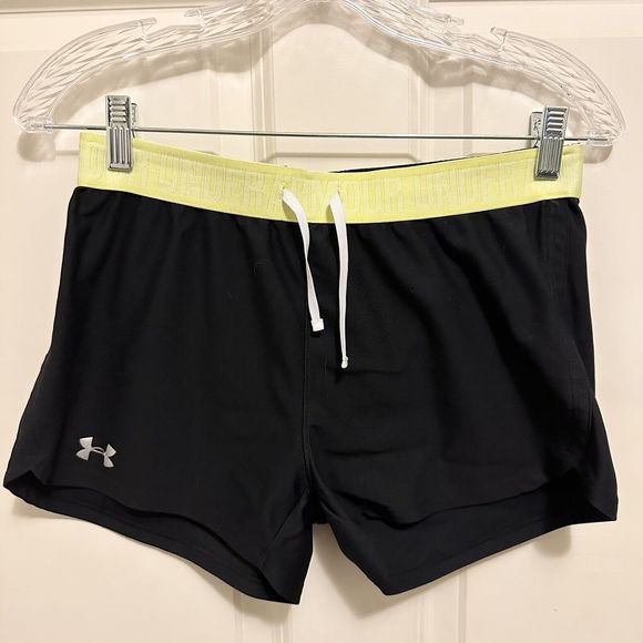 Under Armour Shorts Black Green Band Loose Fit Heat Gear Women’s Size Small - Picture 1 of 5